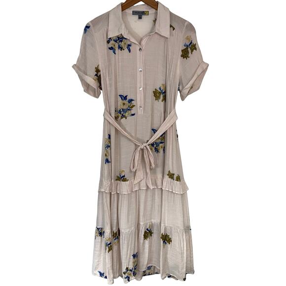 Figueroa & Flower Boho Cream Embroidered Floral Tiered Midi Dress Size Large - Picture 1 of 14
